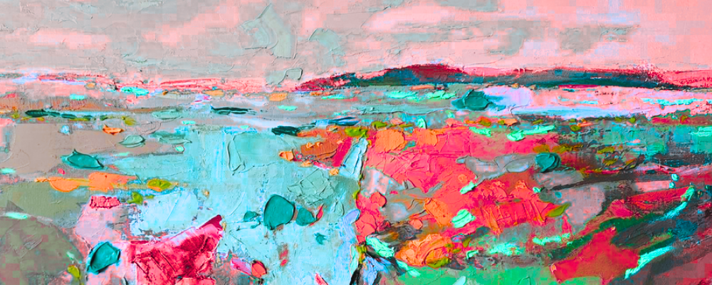 Oil abstract painting with pink, blue and green colors